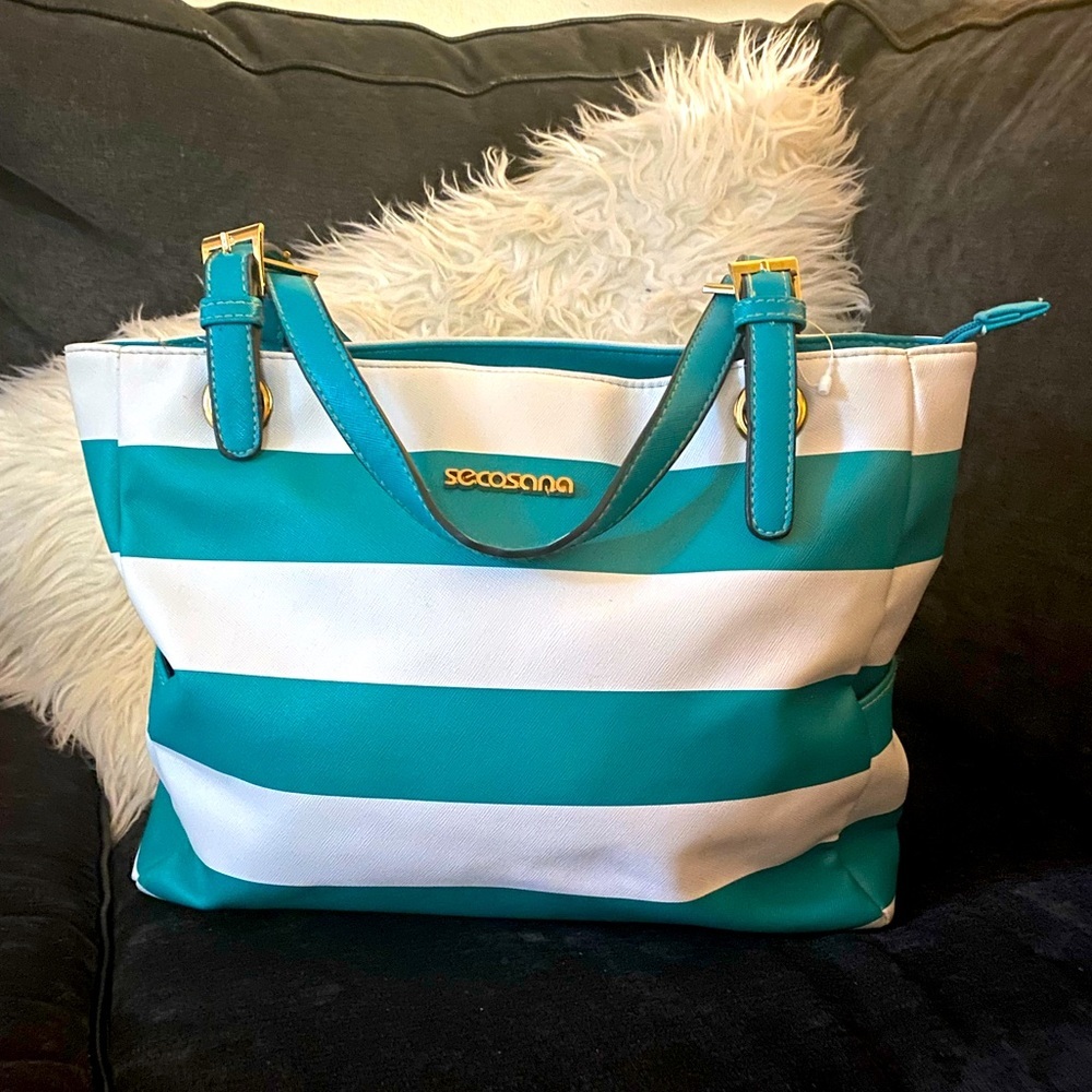 Secosana Teal Stripe Tote Bag | Large Shoulder Purse Travel Beach Work - Picture 2 of 5